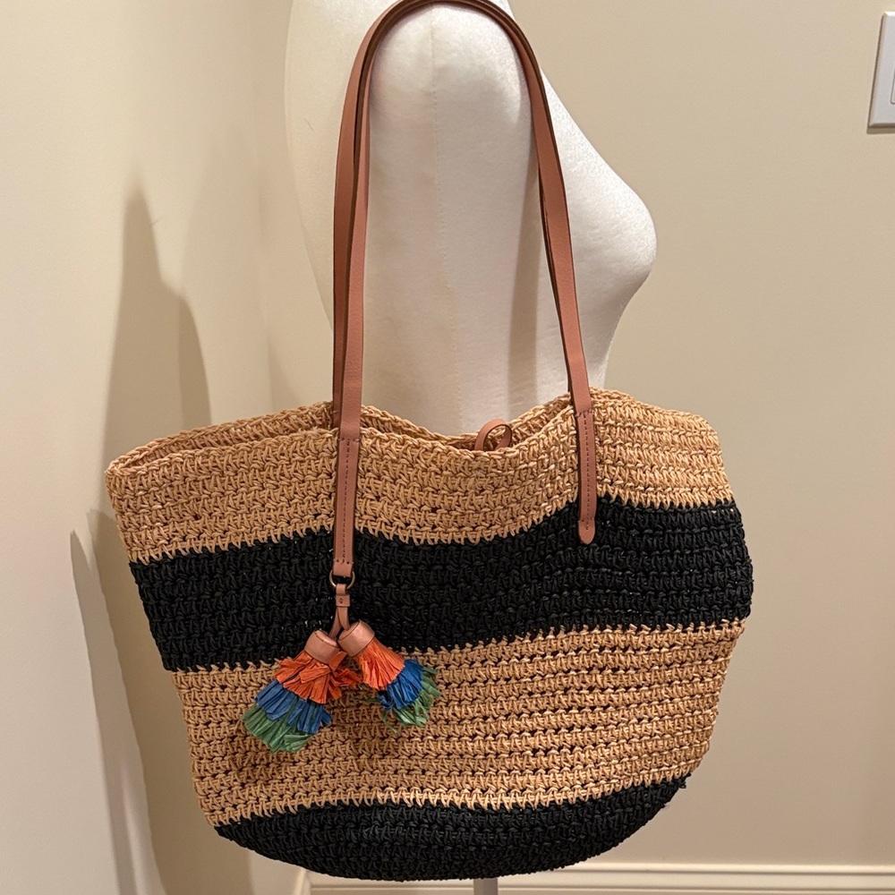 J. Crew Tan and Navy Woven Tote with Colorful Tassels